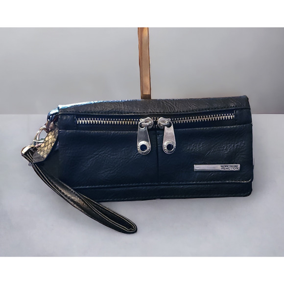 Kenneth Cole Black Leather Python Wristlet Wallet - Picture 1 of 9